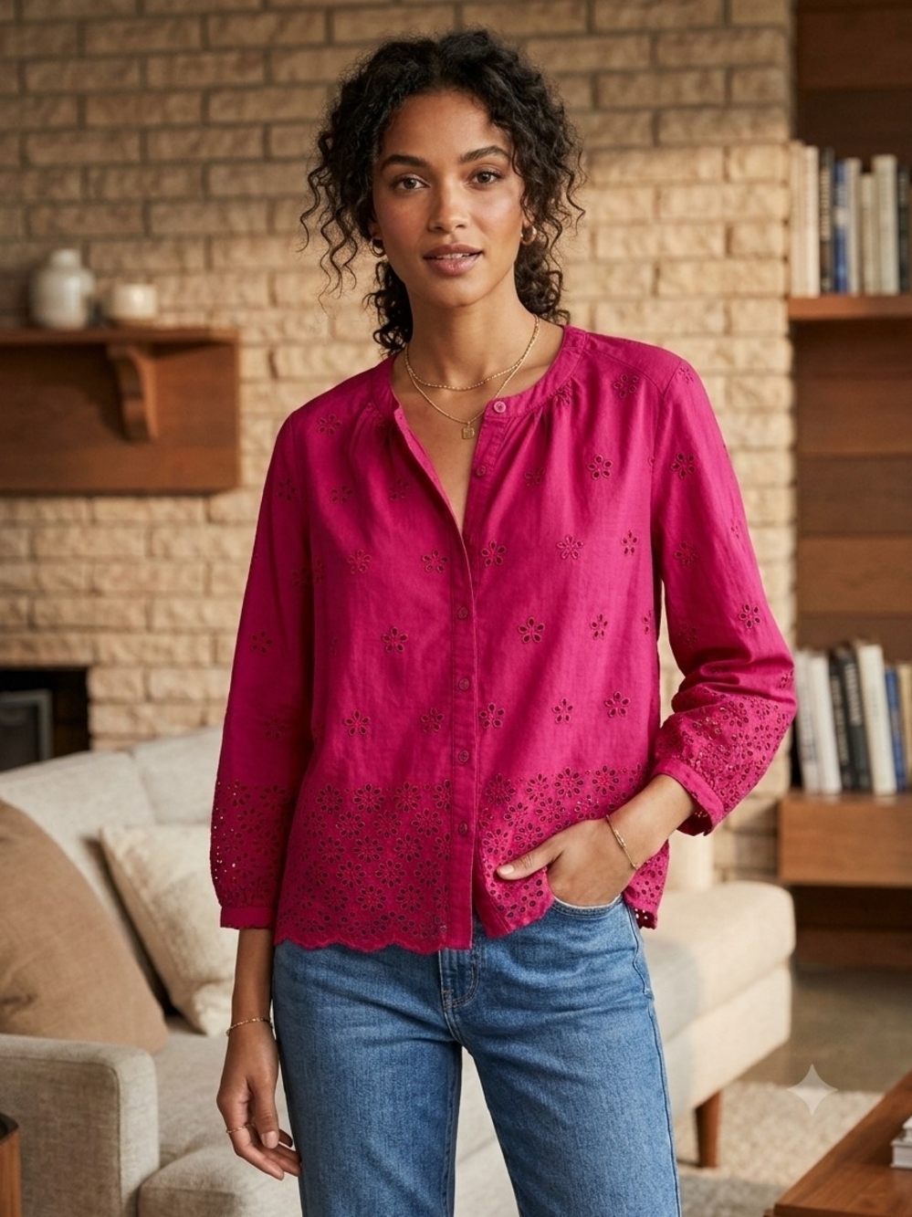 LOFT Burgundy Eyelet Button-Front Blouse